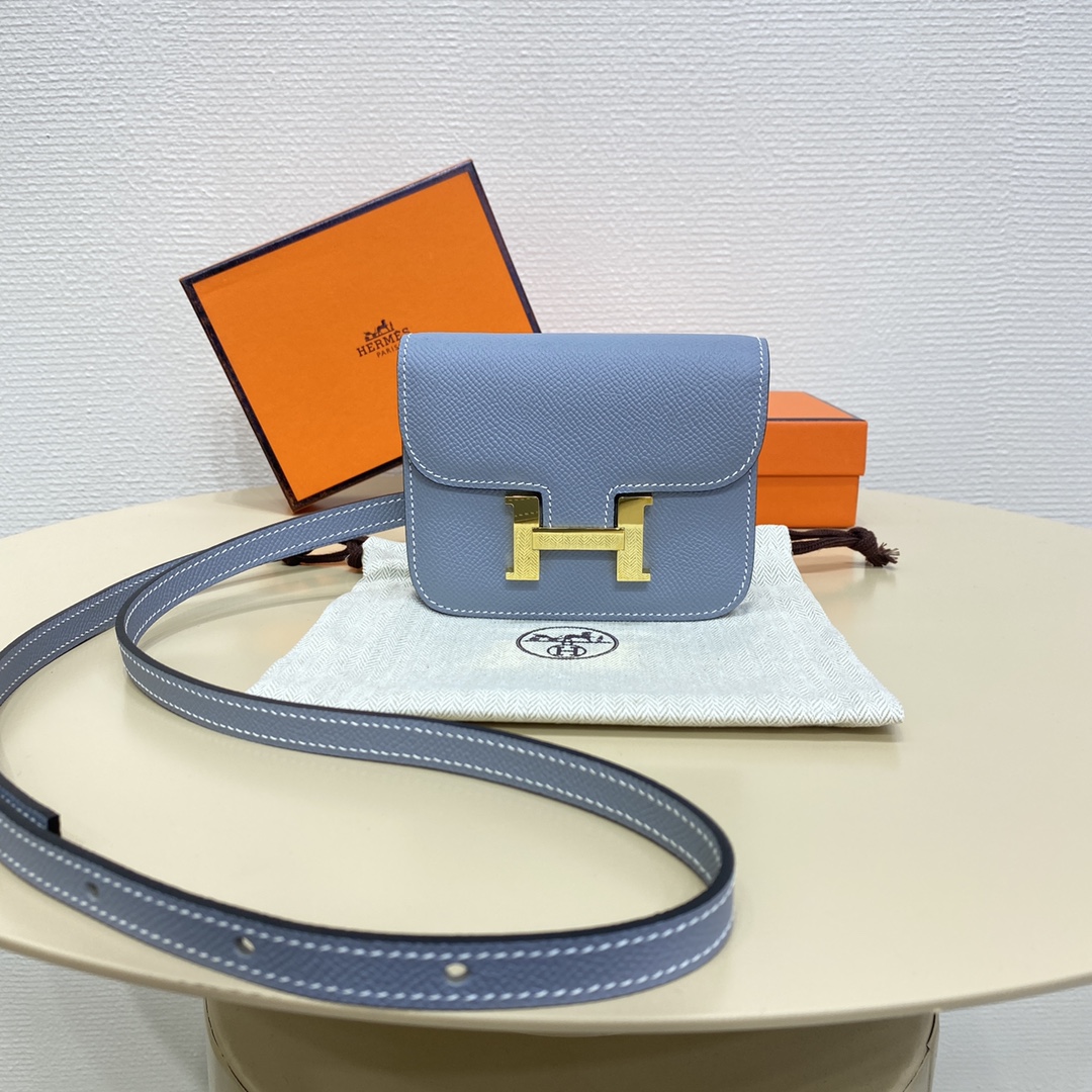 Hermes Constance Slim Wallet Belt Bag In Blue Jean Epsom Leather